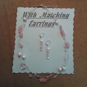 Soft Pink Necklace AND Earrings silver pearl 20"
